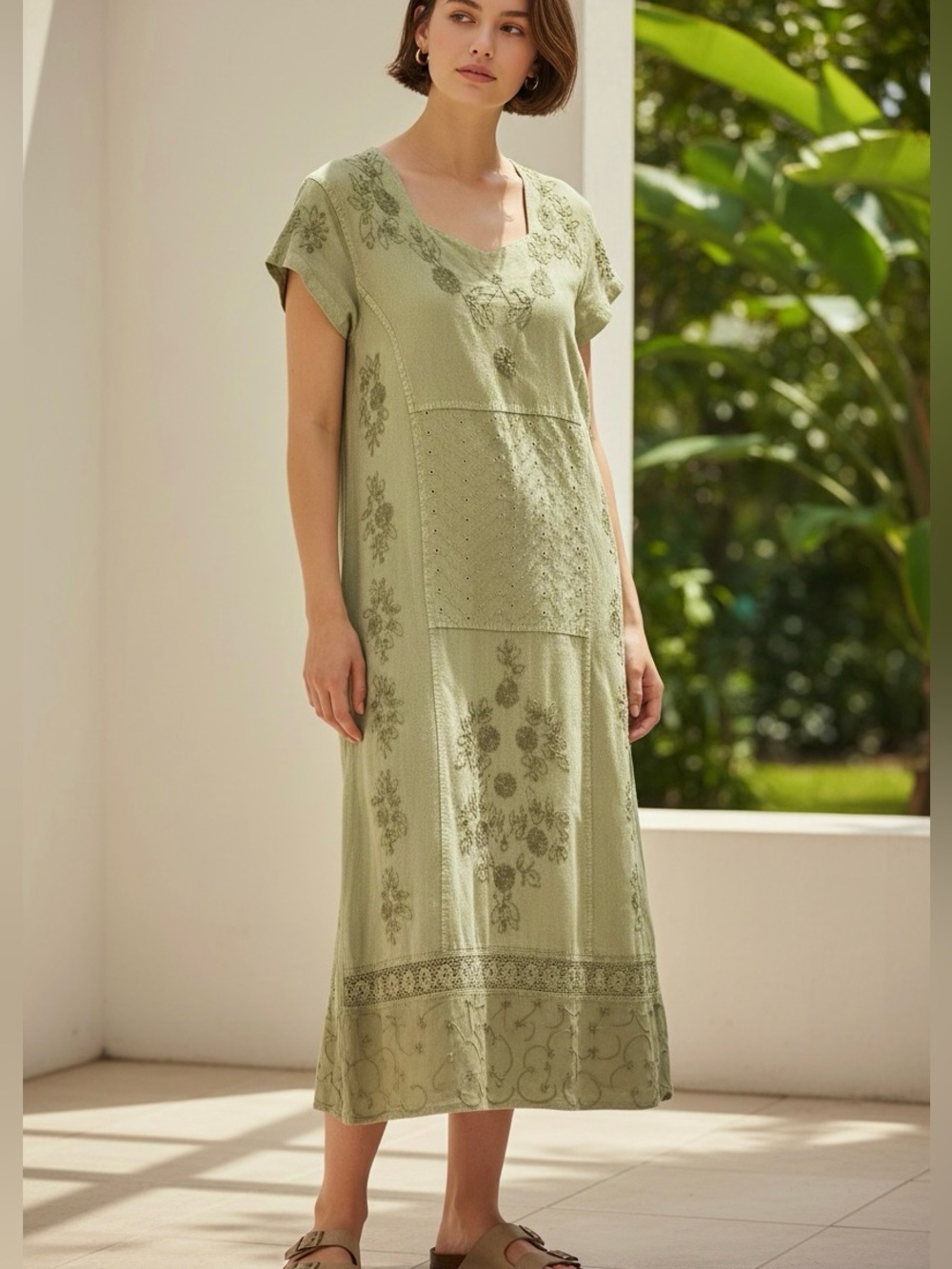 Lola P Light Olive Flowy Embroidered V-Neck Midi Dress, Boho, Hippie - Small